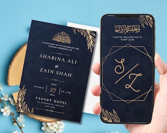 Digitale muslimische Hochzeitseinladungsvorlage, Gold Floral Nikah Einladen, Islamische Baraat Walima Karte Bearbeitbar, Islamische Hochzeitseinladung, evite