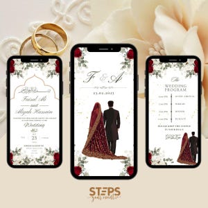 Modèle numérique modifiable de faire-part de mariage musulman, faire-part de mariage animé, faire-part de mariage rose rouge et blanc, Nikkah Baraat inviter