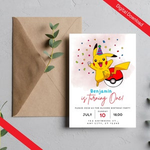 May include: A birthday invitation featuring a cartoon Pikachu wearing a party hat and holding a glass of champagne. The invitation is for a boy named Benjamin who is turning one. The text on the invitation reads "Benjamin is turning One!" and includes the date, time, and location of the party.