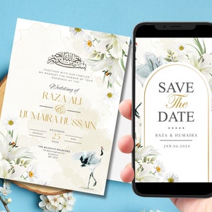 May include: White wedding invitation with gold accents and floral designs. The invitation features the text "Wedding of Raza Ali & Humaira Hussain" and the date "December 25, 2023". A white crane is also featured on the invitation.