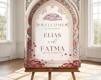 May include: Welcome sign with a floral archway design in shades of red, blue, and gold. The sign reads "Welcome to our Nikkah Elias and Fatma 23rd December 2024".