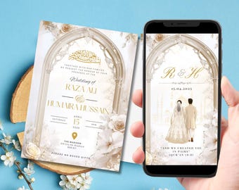 Bearbeitbare digitale muslimische Hochzeitseinladungsvorlage, animierte Hochzeitseinladung, Creme Nikkah Arch Hochzeitseinladung, Neutrale Hochzeitseinladung
