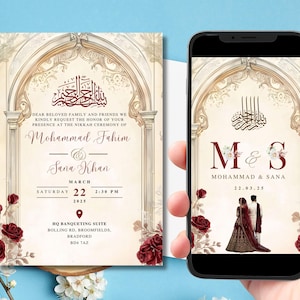 Modèle numérique modifiable de faire-part de mariage musulman, faire-part de mariage animé, faire-part de mariage arche rouge Nikkah, faire-part Baraat rouge