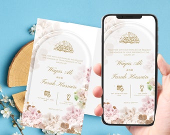 May include: A white wedding invitation with gold calligraphy and floral accents. The invitation announces the wedding of Wagas Ali and Farah Hussain, with the date and location of the event.