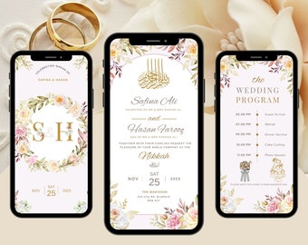May include: A wedding invitation with a floral design. The invitation is for Safina Ali and Hasan Farooq. The wedding will take place on November 25, 2023 at The Madisson. The invitation includes a wedding program with the times for the different events.