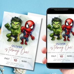 Modello di invito di compleanno di supereroe, festa digitale per bambini, invito di Hulk Spiderman, invito alla festa di compleanno modificabile, invito alla festa