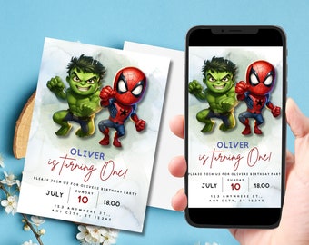 Superhero Birthday Invitation Template, Digital Kids Party, Hulk Spiderman invitation, Editable Birthday Party Invitation, Party invite