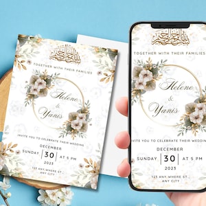 May include: A wedding invitation with a white background and gold accents. The invitation features a floral wreath with white flowers and green leaves. The text "Helene & Yanis" is written in a gold circle in the center of the wreath. The invitation also includes the date and time of the wedding, "Sunday, December 30, 2023 at 5 PM".