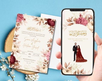 Modèle numérique modifiable de faire-part de mariage musulman Nikkah Walimah Shaadi Baraat, faire-part de mariage animé, invitation de mariage, invitation de Baraat