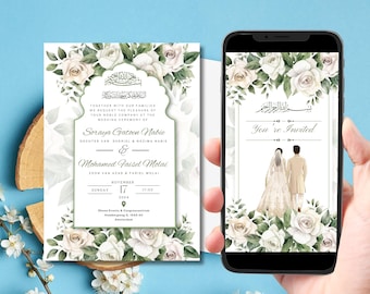 May include: A white wedding invitation with a floral design and the text "Together with our families we request the pleasure of your noble company at the wedding ceremony of Soraya Gatoen Nabie & Mohamed Faisel Metai Sunday, November 17, 2024, 17:00"