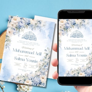 Modèle d’invitation de mariage musulman numérique Nikkah Walimah Shaadi Baraat, invitation Nikkah florale bleue, invitation de mariage animée, Einvite