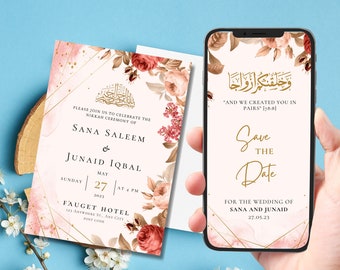 Digital Muslim Wedding Invitation Template, Pink Red Floral Nikah Invitation, Editable Muslim Desi Invitation, Animated Wedding invite,