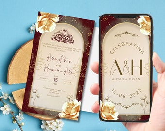 Digital Muslim Wedding Invitation Template, Nikkah Shaadi Baraat Burgundy Maroon Red invite, Animated Wedding Invitation, Wedding Invite