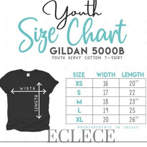 May include: Youth size chart for Gildan 5000B t-shirts. The chart shows sizes XS through XL with corresponding width and length measurements in inches.