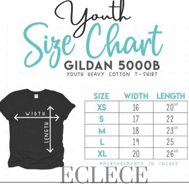 May include: Youth size chart for Gildan 5000B t-shirts. The chart shows sizes XS through XL with corresponding width and length measurements in inches.