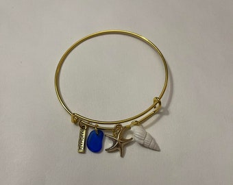 Cobalt Blue Sea Glass Bangle with Shell and Charms