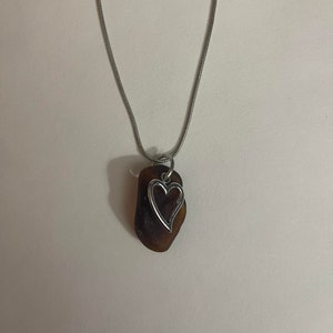 Brown Beach Glass Necklace with Heart Charm