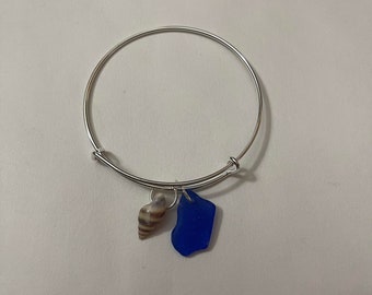 Cobalt Blue Sea Glass Bangle with Shell