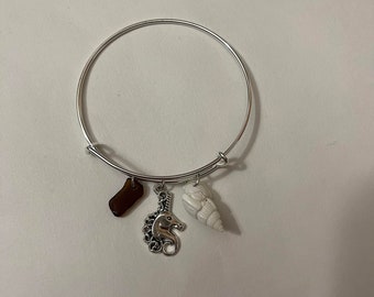 Brown Beach Glass Bangle with Charm and Shell