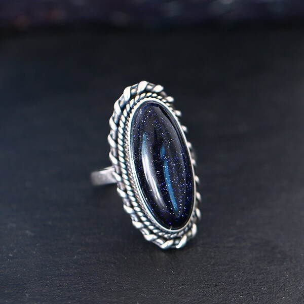 Bague en argent 925 pour femme, Pierre de sable bleue, blue Santstone