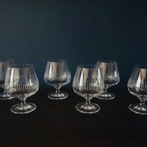 Vintage Schott Zwiesel Crystal Cognac Glasses Set of 6, MCM Cut Glass Brandy Snifters with Vertical Line Pattern, German Retro Barware Gift