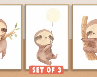 Sloth Nursery Prints, Set of 3 Printables, Safari animal Nursery prints, Nursery wall art, Baby Animal prints nursery, Baby Animal Prints