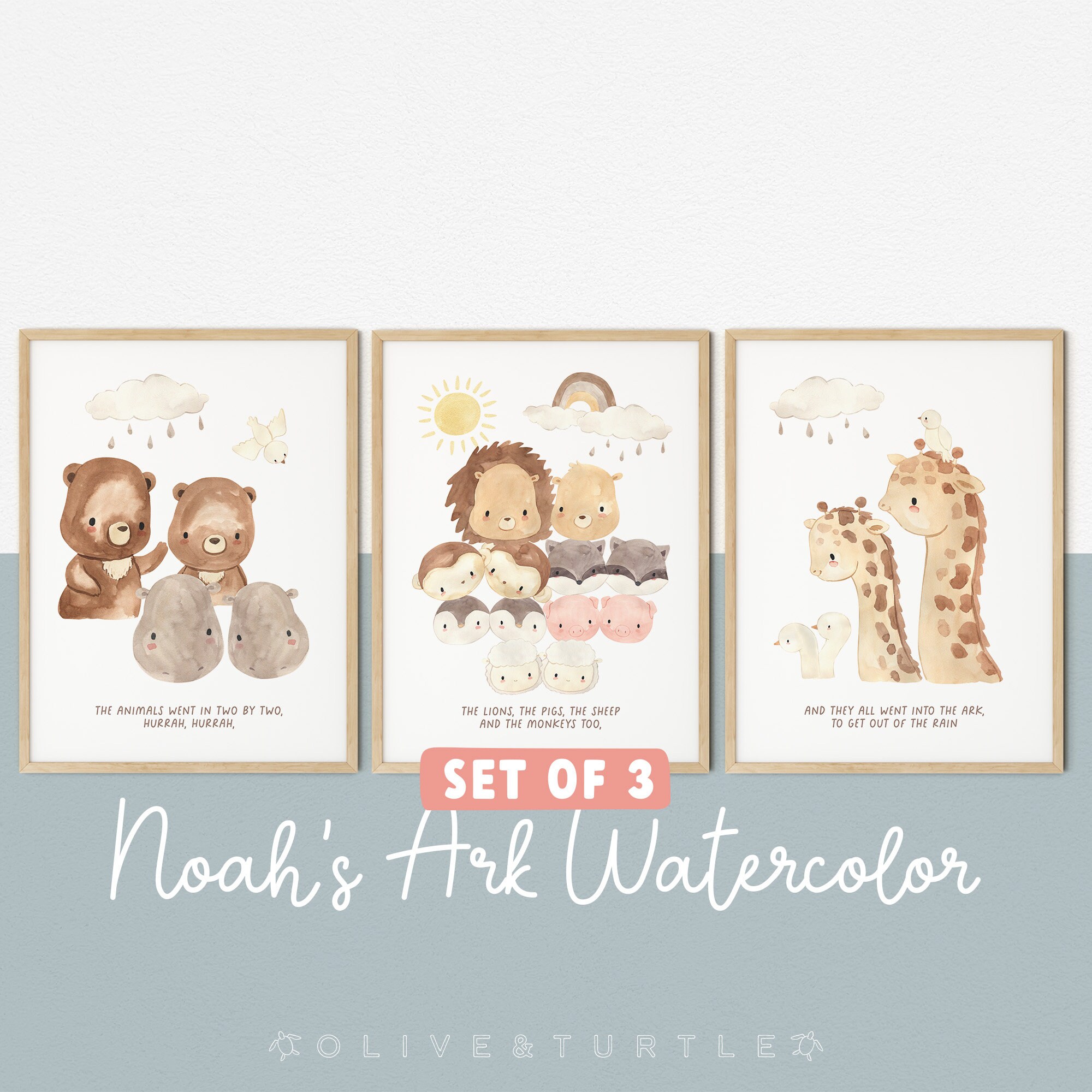Noahs Ark Nursery Prints, Set of 3 Printables, Cute Animal Nursery ...