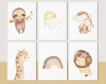 Nursery printables - Neutral nursery decor - Cute nursery wall art - Nursery art set - Printable nursery art - Set of 6 animal posters -baby