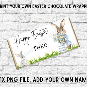 May include: A chocolate wrapper design with the text "Happy Easter THEO". The design features two bunnies, one holding flowers and wearing a blue jacket. The other bunny has a blue bow. The text "PRINT YOUR OWN EASTER CHOCOLATE WRAPPERS" is at the top.