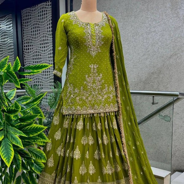 Designer Sharara suit , Pakistani suit Sharara with Dupatta set for Women, Green Dress for Women, Sharara Suit for Women, 3 PC Suit