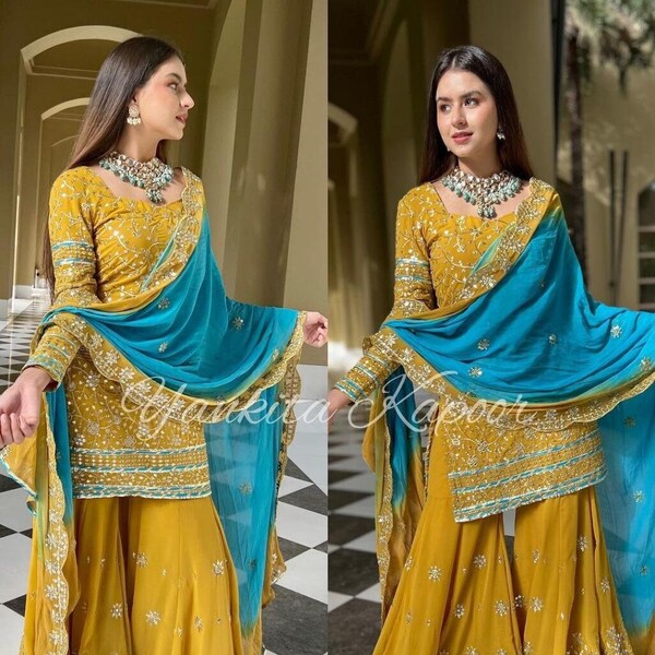 Indian Designer Yankita Kapoor Inspired Yellow Kurta Sharara with Dupatta set , Beautiful Embroidered Sequence work Sharara Suit for Women