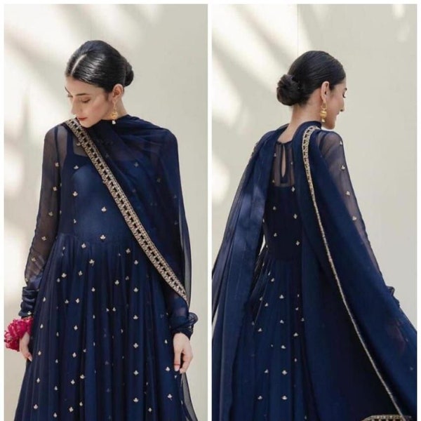 Partywear Navy Blue Designer Diamond With Gotha Lace Work Anarkali Set, Readymade Anarkali set For Women, 3 pc Salwar Kameez Indian Dress