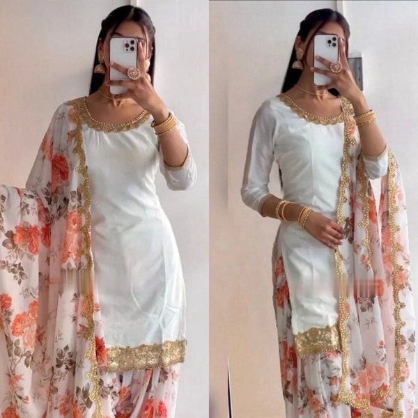 Beautiful Solid Long White kurta Patiala Dhoti with Dupatta set , Designer Readymade 3 Pc Salwar Suit for Women , Punjabi Women Dresses