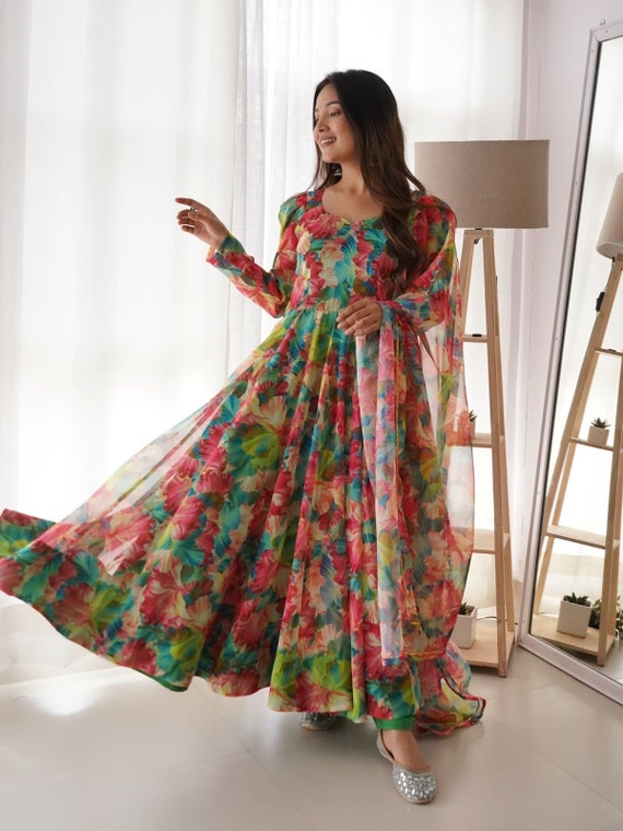 Full Flair Digital Print Gown With Floral Design For Women