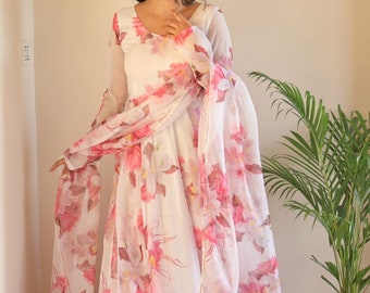 Beautiful Designer Floral Print Full Flared Anarkali Long kurta with Dupatta Set, 3Pc Readymade Fully stitched , Beautiful Anarkali Set by