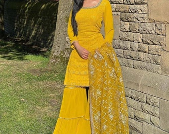 Pakistani Designer Partywear Readymade Straight Kurta Sharara & Dupatta set , Heavy Embroidered Sequence Salwar Kameez Readymade Dresses