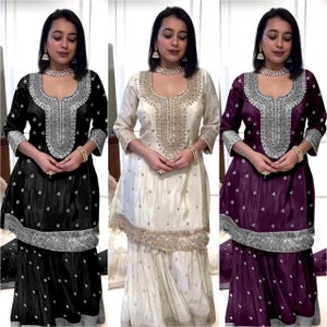 Chinon Silk Women Kurti Sharara with Dupatta set for Women, Festive wear Dress for Women, , 3 PC Suit Readymade Fully sttitched