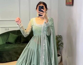 Partywear Cherry Green Designer Diamond With Gotha Lace Work Anarkali Set, Readymade Anarkali set For Women, 3 pc Salwar Kameez Indian Dress