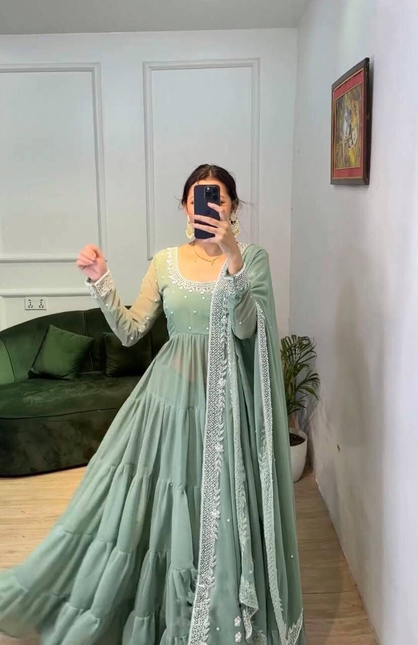 Green Net Wedding Indian Pakistani Long Gown Anarkali Suit SFVPL20903 –  ShreeFashionWear