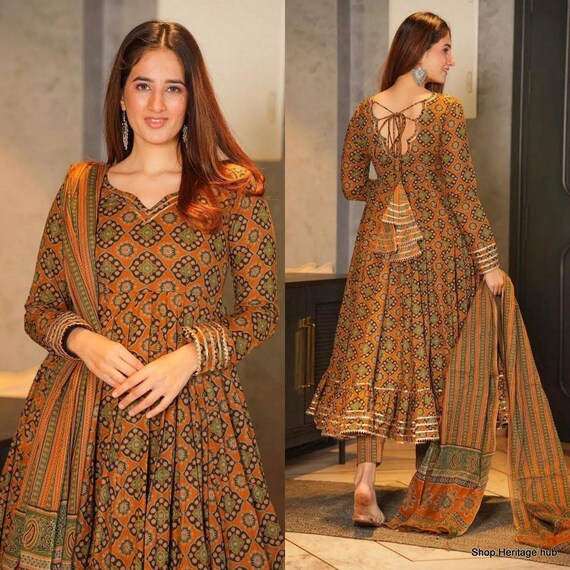 Heavy Designer Long Flared Cotton Anarkali Gown With Dupatta - Etsy  Singapore