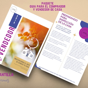 Peut inclure: Un guide immobilier en espagnol intitulé "Guia Para El Comprador Y Vendedor De Casa". Le design est violet et blanc, avec le texte "El Vendedor" et "Una Plantilla Muchas Opciones". Un porte-clés en forme de maison est également visible.