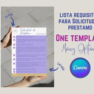 以下が含まれることがあります： スペイン語のローン申請のためのチェックリスト。チェックリストのタイトルは「Solicitud de Prestamo」で、ローンの申請に必要な要件がリストされています。チェックリストは、紫色の枠で囲まれた白い背景に表示されています。「One Template Many Options」というテキストは、白い背景に紫色のテキストで表示されています。「Editable」というテキストは、白い背景に紫色のテキストで表示されています。「Canva」というテキストは、紫色の背景に白いテキストで表示されています。
