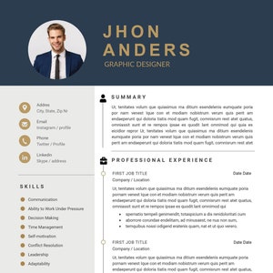 Pode incluir: Um currículo para Jhon Anders, designer gráfico. O currículo inclui um resumo de suas habilidades e experiência, bem como uma lista de sua educação e histórico de trabalho.