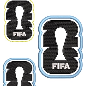 May include: Embroidered keychains and appliques featuring the number 3 and the FIFA logo. The keychains have a yellow border, while the appliques are outlined in light blue. The text "Santo Remedio" is also visible.