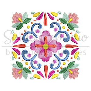 Puede incluir: Un diseño cuadrado colorido con una flor rosa en el centro, rodeado de espirales y hojas azules, amarillas, verdes y rojas.