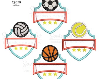 machine embroidery matrix sports shields 13 cm x 4 designs applique tennis, football, basketball, volleyball machine embroidery design sport