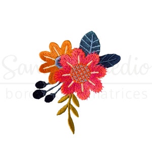 May include: Embroidered floral design featuring a vibrant arrangement of orange and pink flowers, accented with dark blue leaves and black berries. A yellow-green leaf adds a contrasting touch. The design is set against a white background.