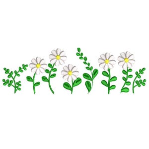 May include: A row of white daisies with yellow centers and green stems and leaves. The daisies are arranged in a line across the image.
