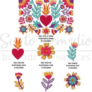 Puede incluir: Siete diseños de bordado con coloridos patrones florales con un corazón y llamas. Los diseños son de varios tamaños e incluyen recuentos de puntadas e información de color. El texto "ESTE PACK CONTIENE 7 MATRICES" y "TODOS LOS FORMATOS" está en la parte superior de la imagen.
