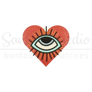 Puede incluir: Un corazón rojo con un ojo estilizado en su interior. El ojo es negro, blanco y azul con un contorno turquesa. El corazón tiene un contorno dorado y un estallido de estrella dorado que irradia desde el ojo.